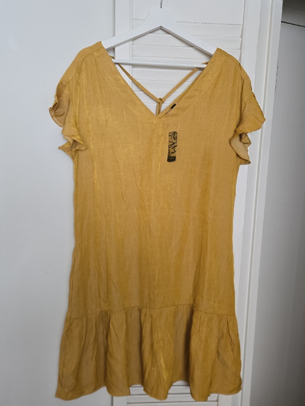 Suzanne Betro Mustard Yellow V-Neck Short Cotton Blend Dress Size L New With Tag